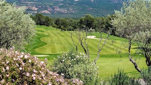 Un parcours de golf offrant une vue dégagée sur le paysage environnant, notamment sur les arbres et les collines au loin.