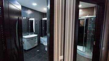 Combined shower/tub, hair dryer, towels, shampoo