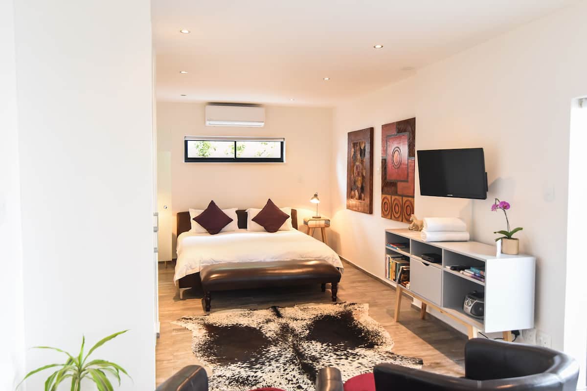 Quarto moderno com uma cama grande, televisão de tela plana, estante e tapete decorativo.