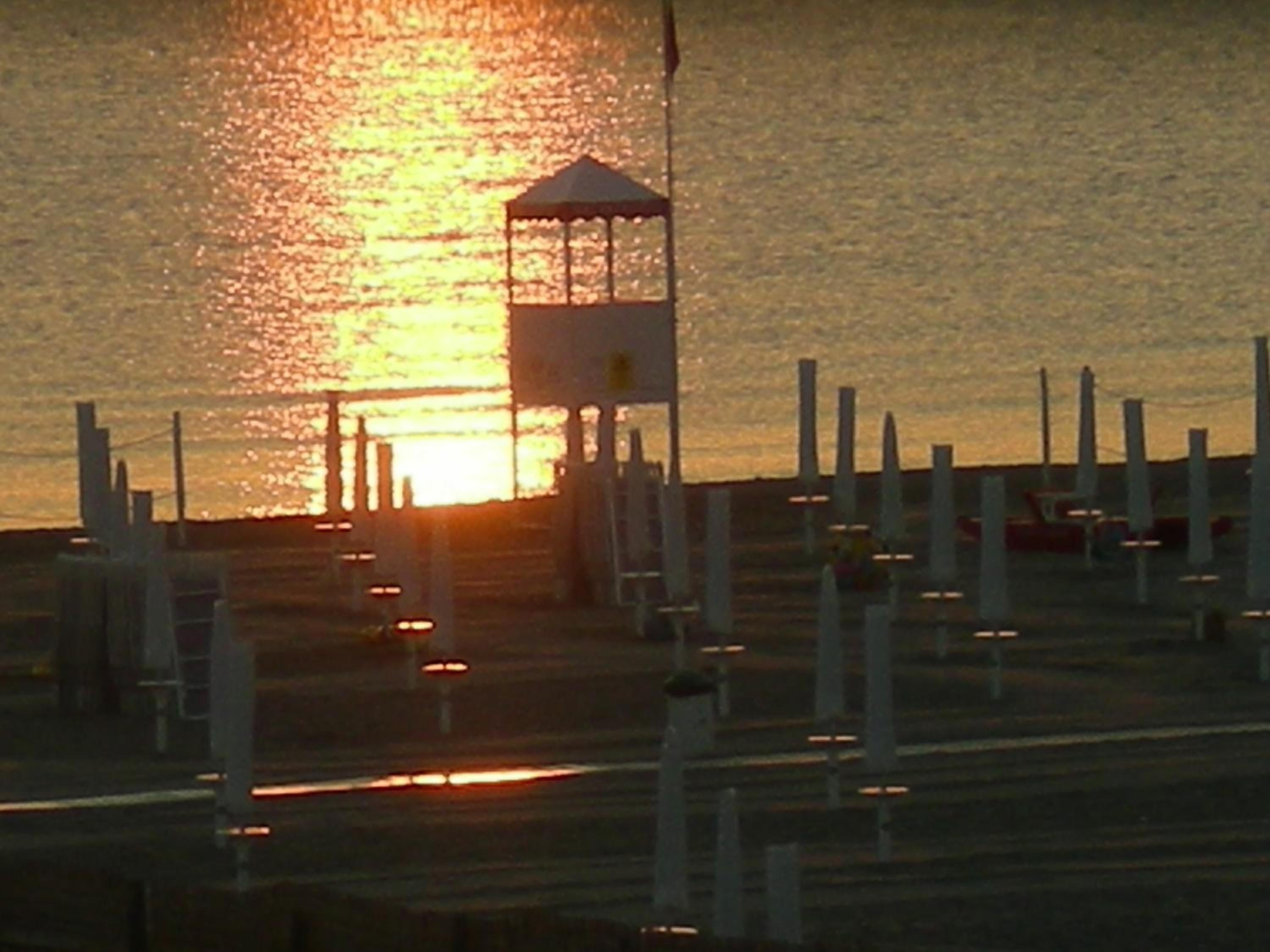 A pier with a small shelter and a row of posts.