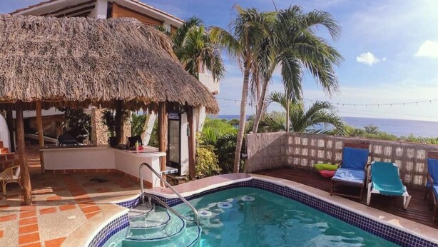A swimming pool with a thatched-roof structure, lounge chairs, and a view of the ocean. - Oceanview B&B Curacao (Soto)