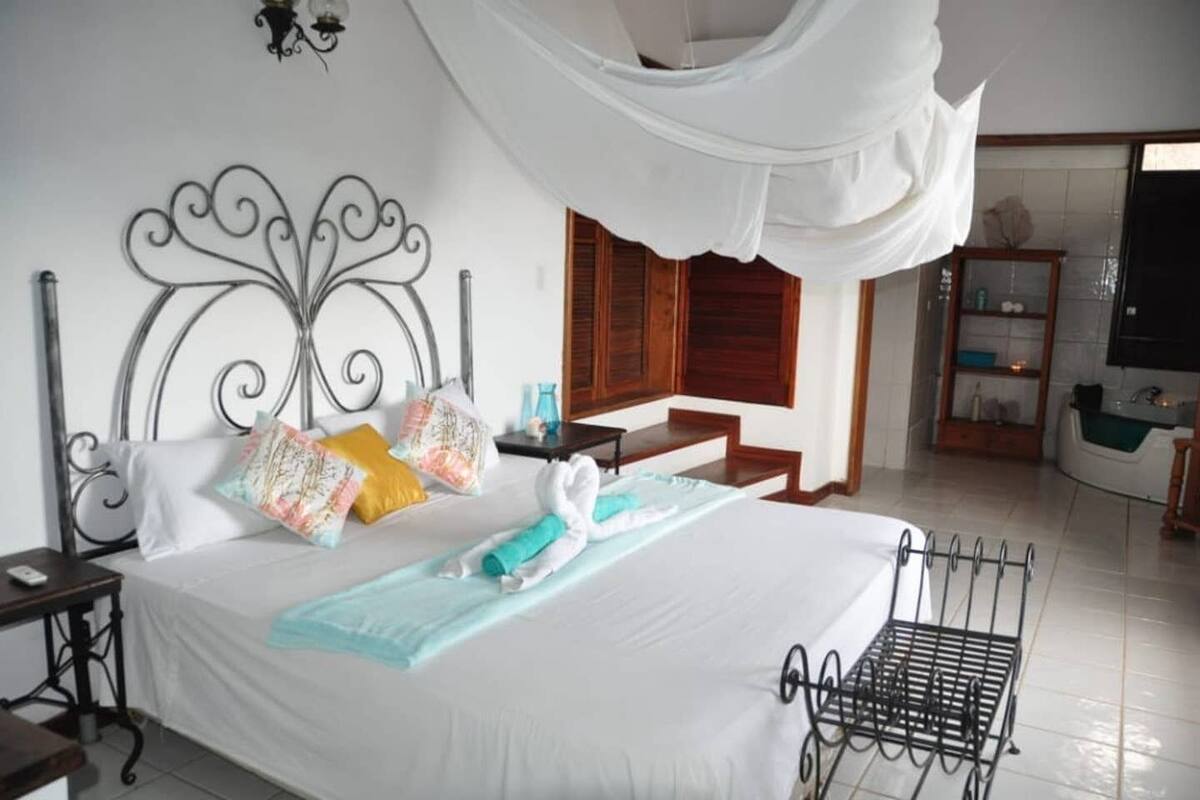 A hotel room with a bed, a nightstand, a bedside table, a window with wooden shutters, a bathroom with a bathtub, and a white canopy over the bed.