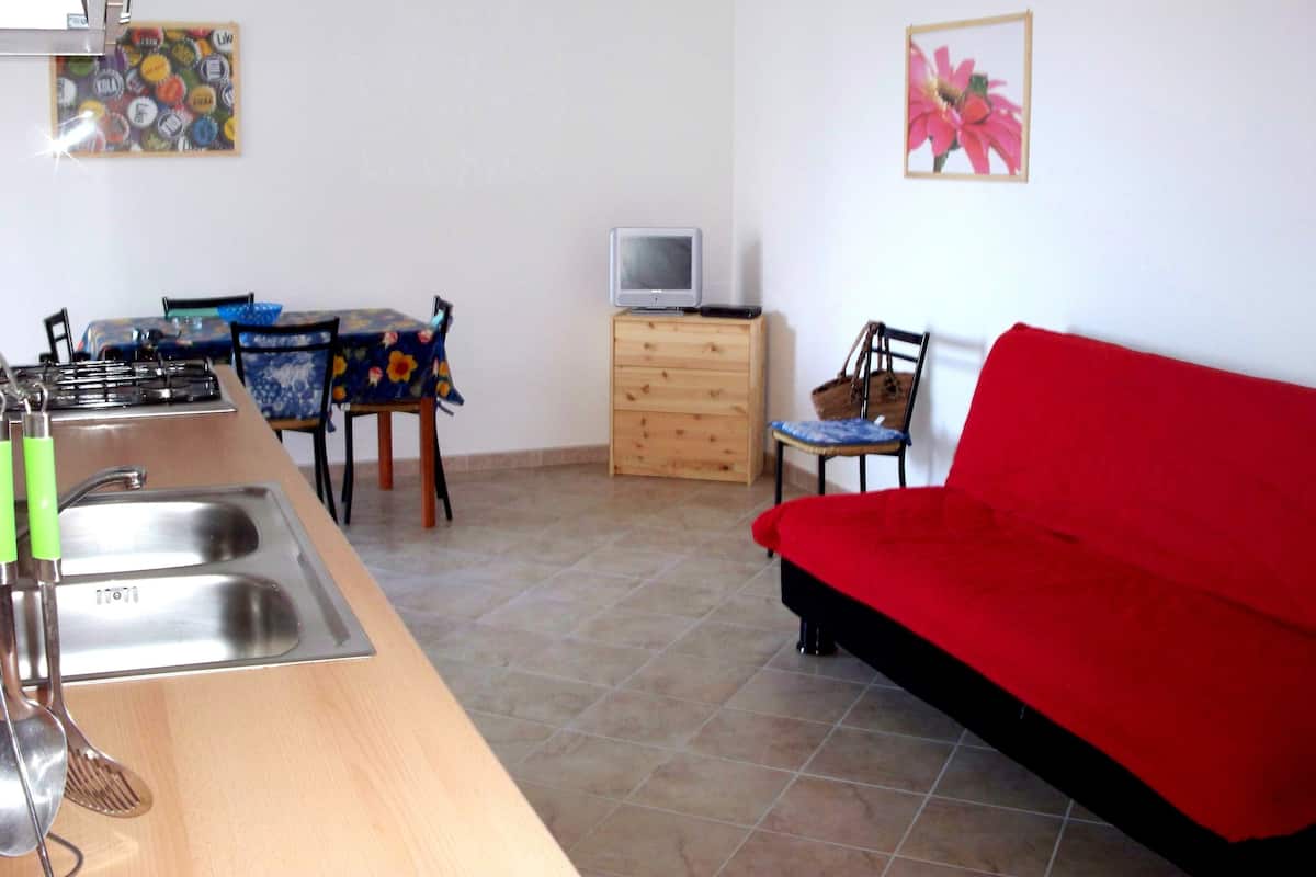 Un espace de vie compact comprenant un coin cuisine, un coin repas, un canapé rouge, un téléviseur et une œuvre d’art florale accrochée au mur.