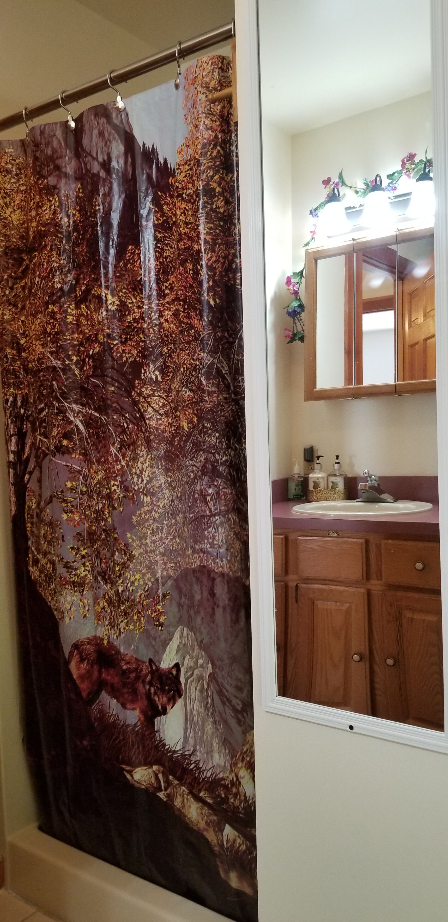 A bathroom with a shower curtain depicting a forest scene, a wooden vanity with a mirror, and a sink.