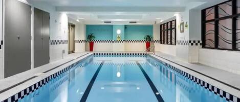 An indoor swimming pool with a checkered border, a central lane divider, and potted plants on either side.