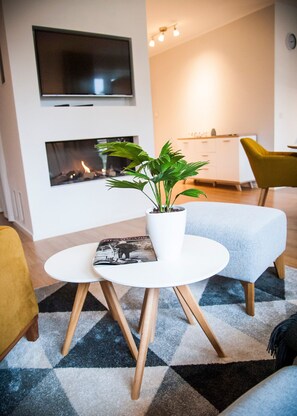 Appartement, balcon (2) | Coin séjour | TV connectée, cheminée, chauffage par le sol