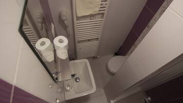 A bathroom with a sink, toilet, and towel rack.