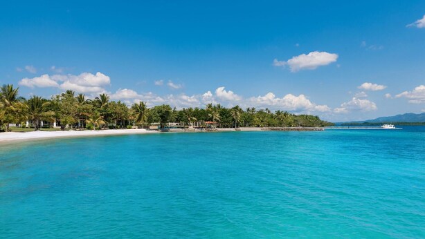 A beach with clear turquoise water, palm trees, and a boat in the distance. - Dusit Thani Lubi Plantation Resort (Mabini)