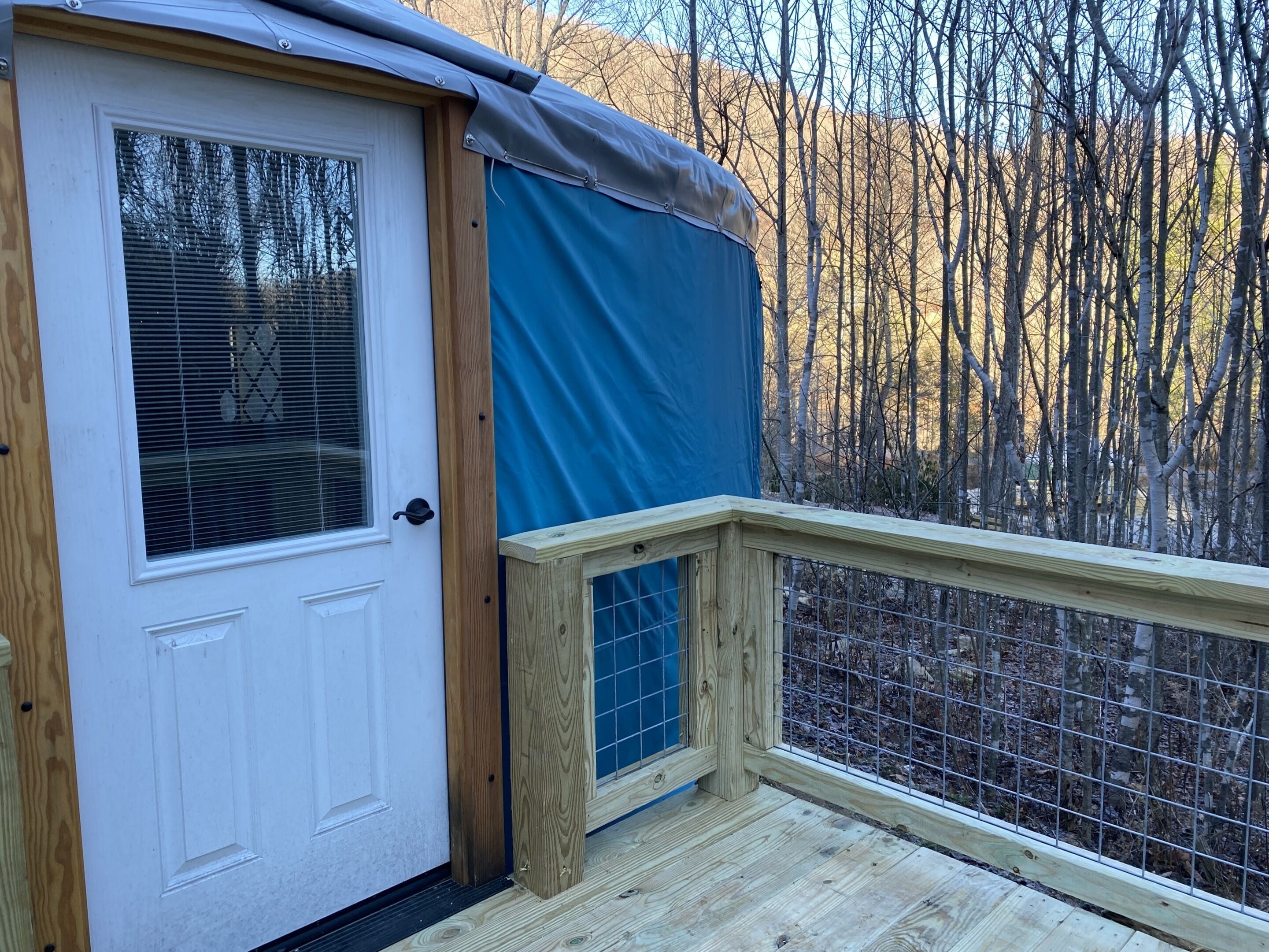A wooden deck with a white door and a blue awning.