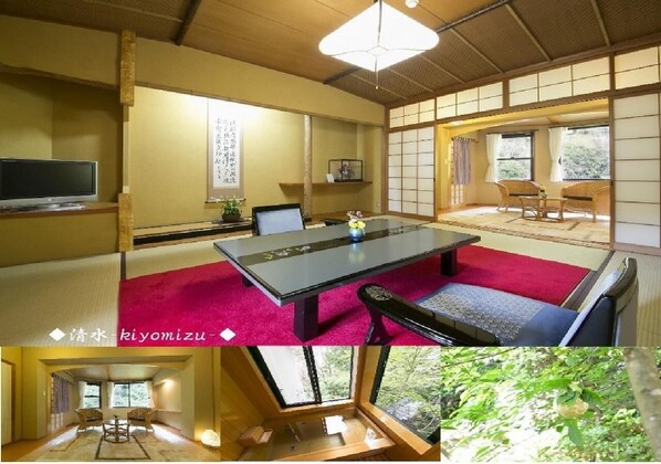 Traditional Japanese-style room with tatami flooring, low table, and sliding shoji doors.