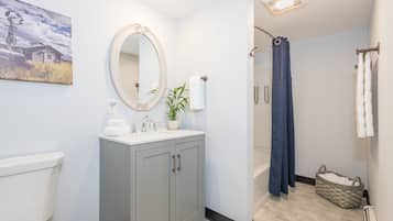 Een badkamer met toilet, wastafel, spiegel, douche en een schilderij aan de muur.
