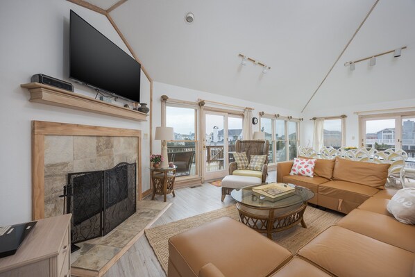 Televisión, chimenea, reproductor de DVD, libros