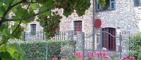 A stone building with a metal gate, a red door, and a sign with handwritten text.
