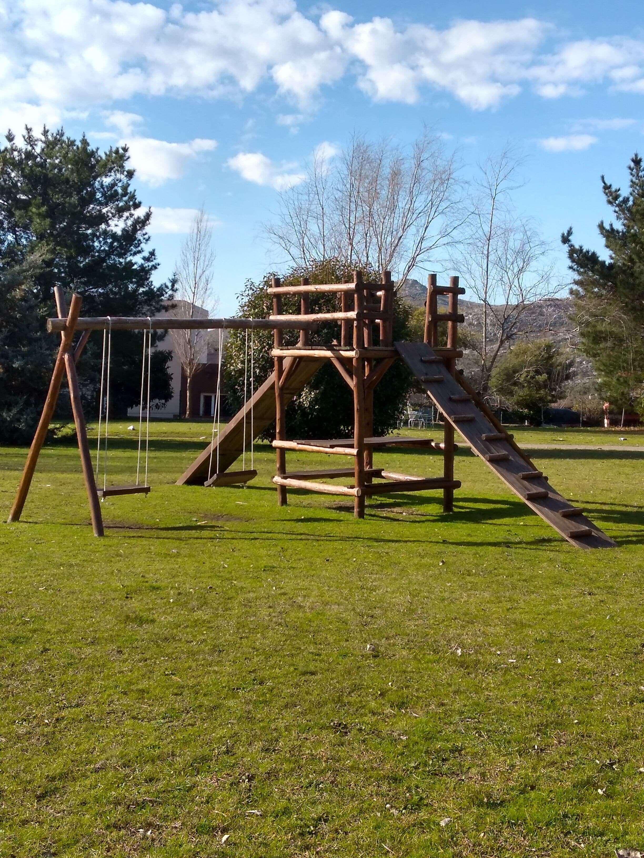 A wooden playground structure with swings and a slide in a grassy park.