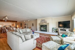 TV, DVD player, music library, stereo