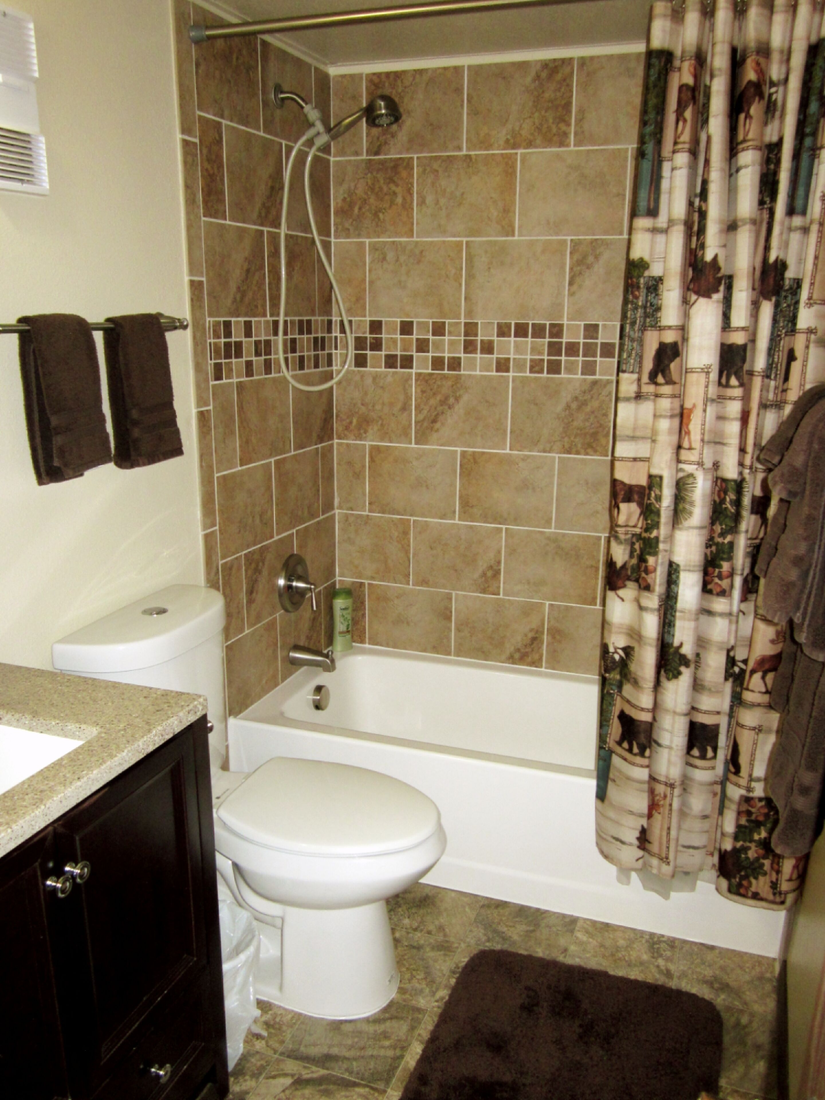 Combined shower/bathtub, hair dryer, towels, soap