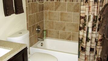 Combined shower/bathtub, hair dryer, towels, soap