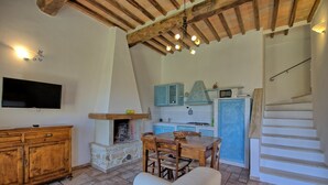 A cozy living room with a fireplace, wooden furniture, a dining table, and a kitchen area with blue cabinets and a microwave. - Lovely apartment for 3 guests with WIFI, pool, TV and pets allowed (Molino D'elsa)