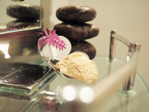 Shower, hair dryer, towels, soap