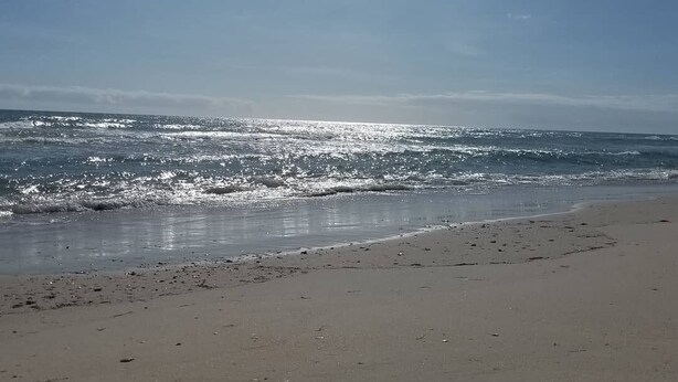 A beach with a clear sky and sunlight reflecting on the water.