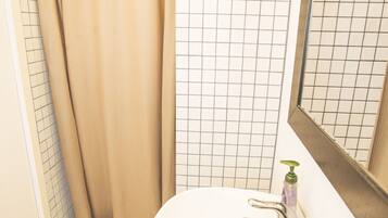 A bathroom with a white sink, a mirror, and a shower curtain.