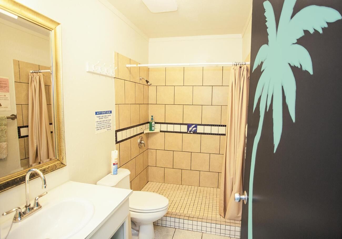 A bathroom with a sink, toilet, and shower area.