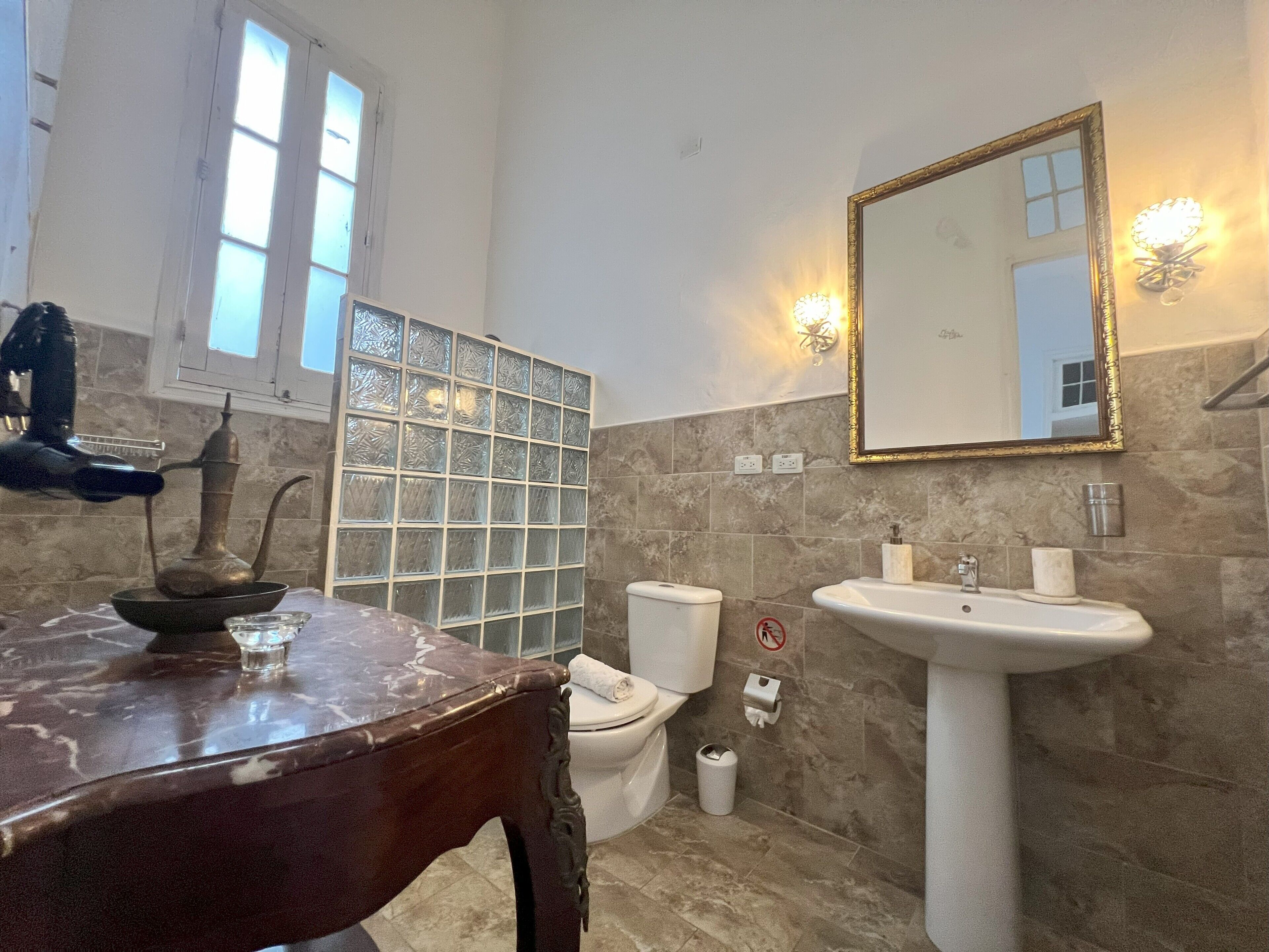 premium double room | bathroom | shower, hair dryer, towels, soap