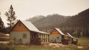 Two wooden cabins with porches, surrounded by a grassy field and a forested hill. - Black Hills Farmhouse, Guest House #1 (Custer)