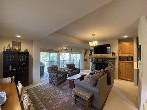 Télévision, cheminée, livres