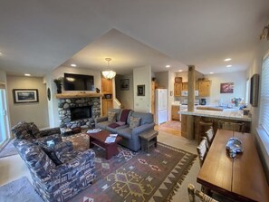 Télévision, cheminée, livres