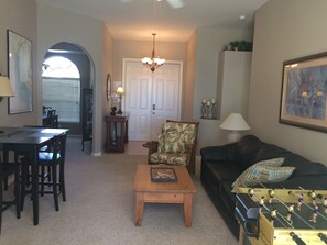 Smart TV, DVD player, foosball, books