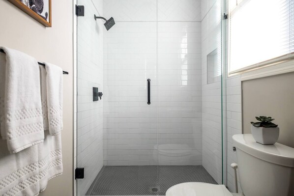 Shower, hair dryer, towels