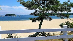 A beach with a white fence in the foreground and a pine tree in the middle.