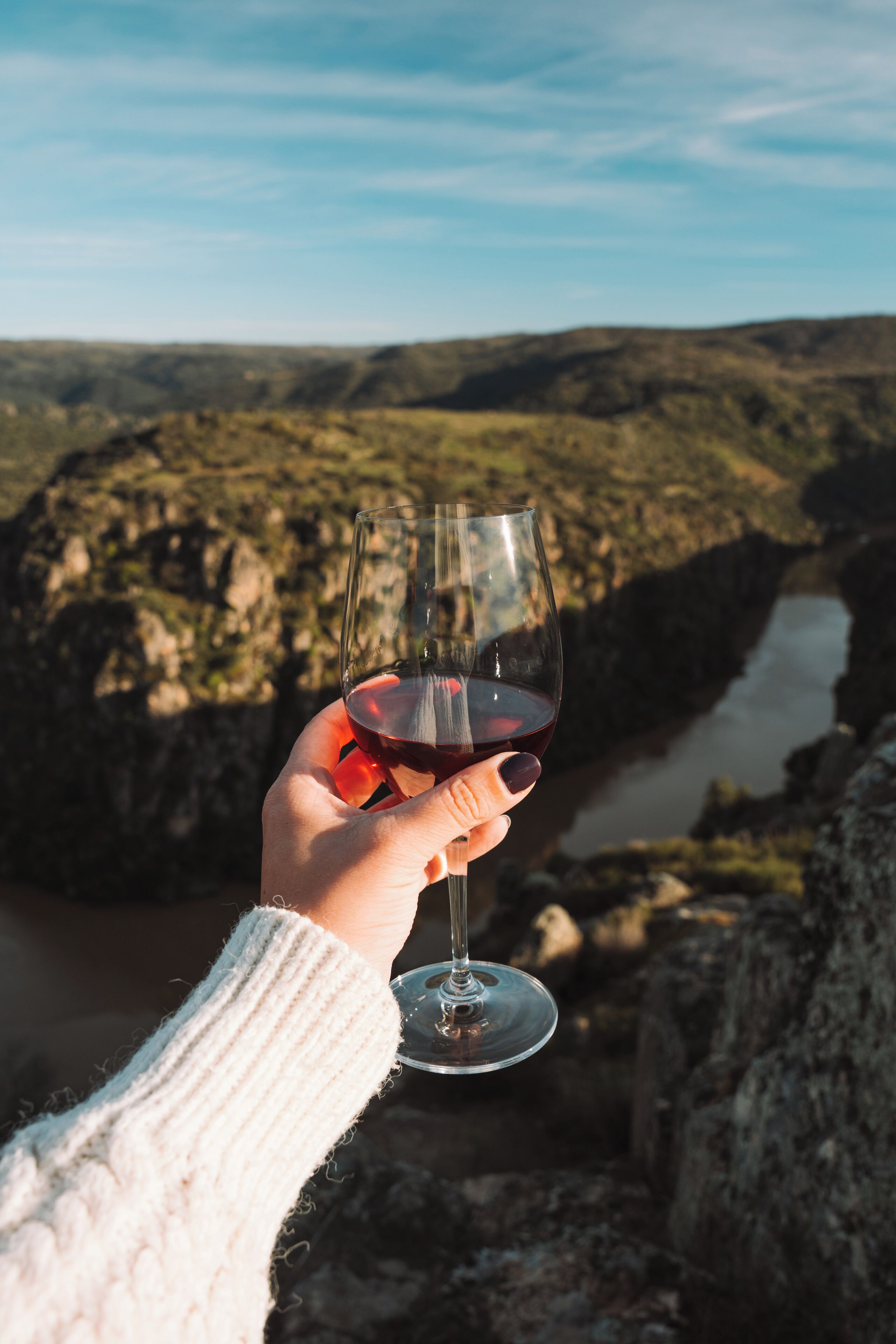 A hand holding a wine glass with a view of a river and hills in the background.