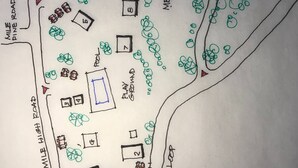 A hand-drawn map of a campsite with designated areas for tents, a playground, and a dining area. - Cabin #4 - The Perch at Twin Peaks (Twin Peaks)