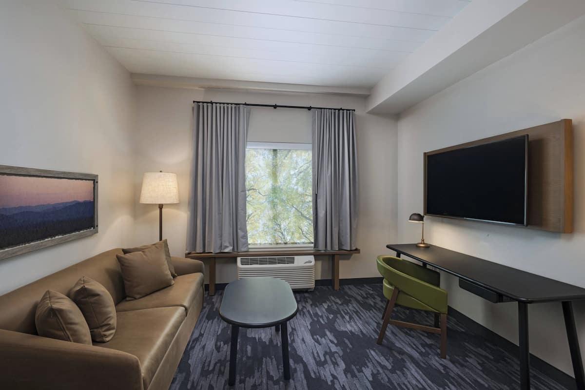 A hotel room with a sofa, a small table, a desk, a TV, a window with curtains, and an air conditioner.