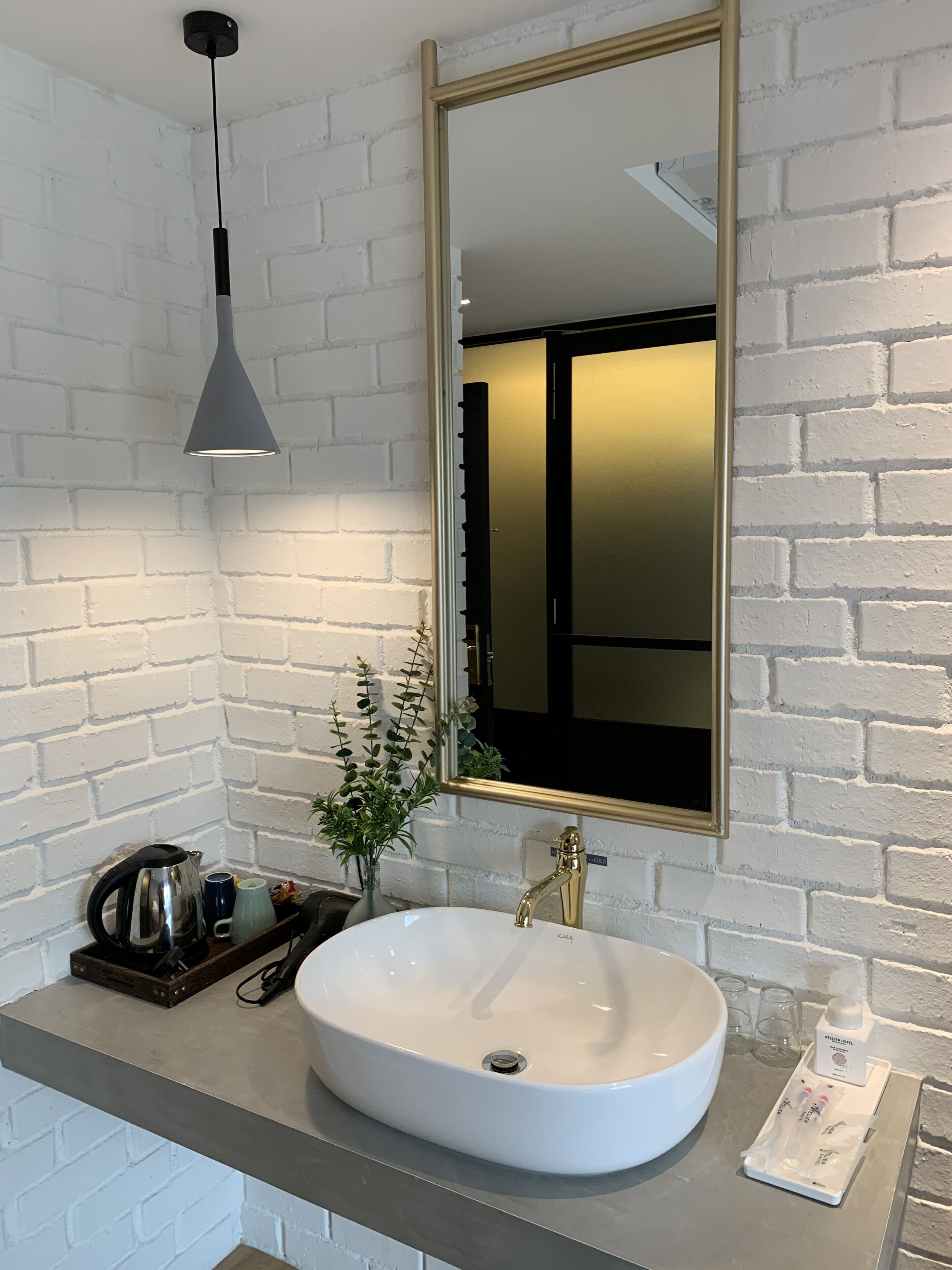 A bathroom with a white sink, a mirror, a hanging light, and a plant.