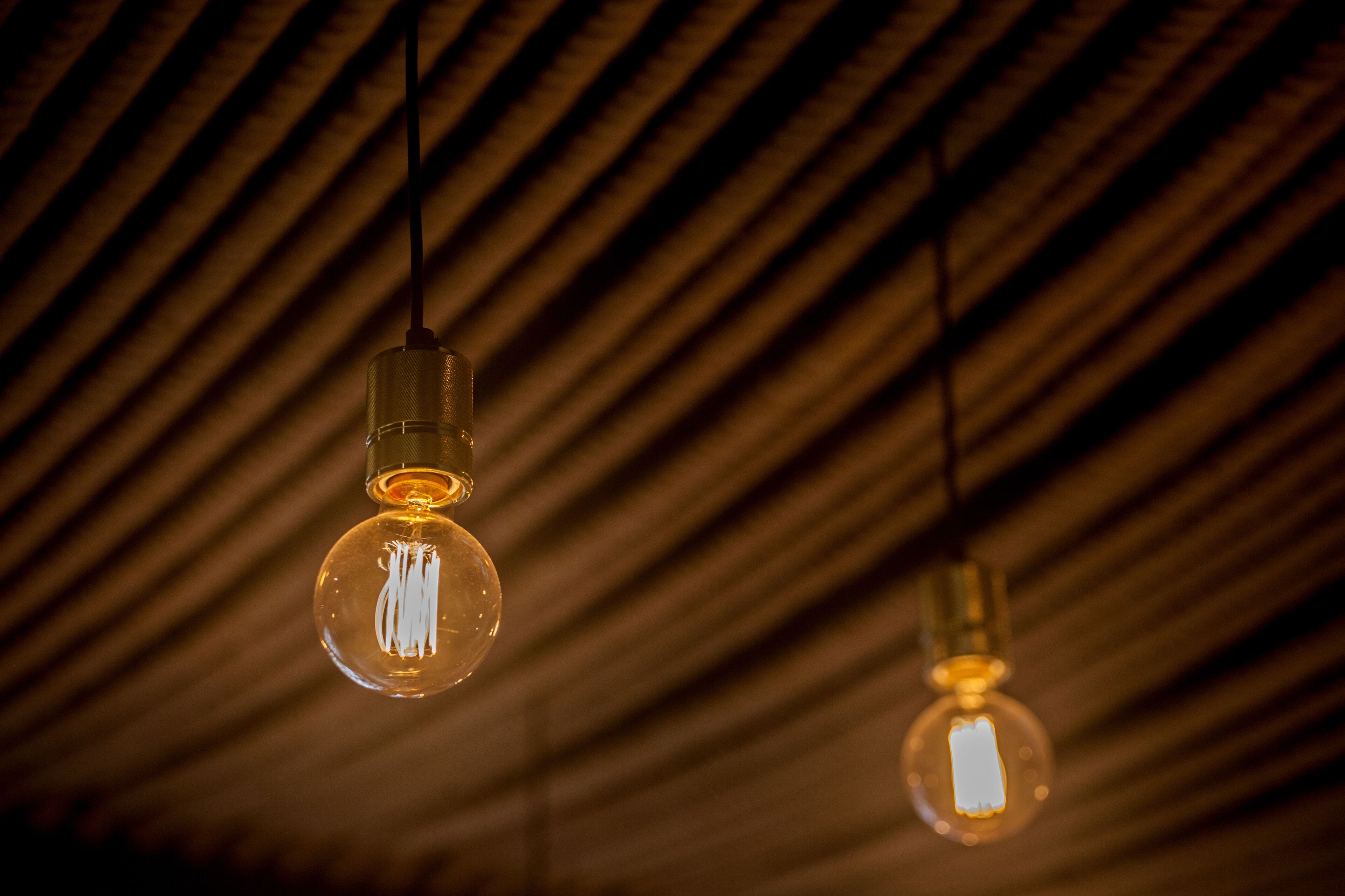 Twee hanglampen met zichtbare gloeilampen, tegen een houten lambrisering.
