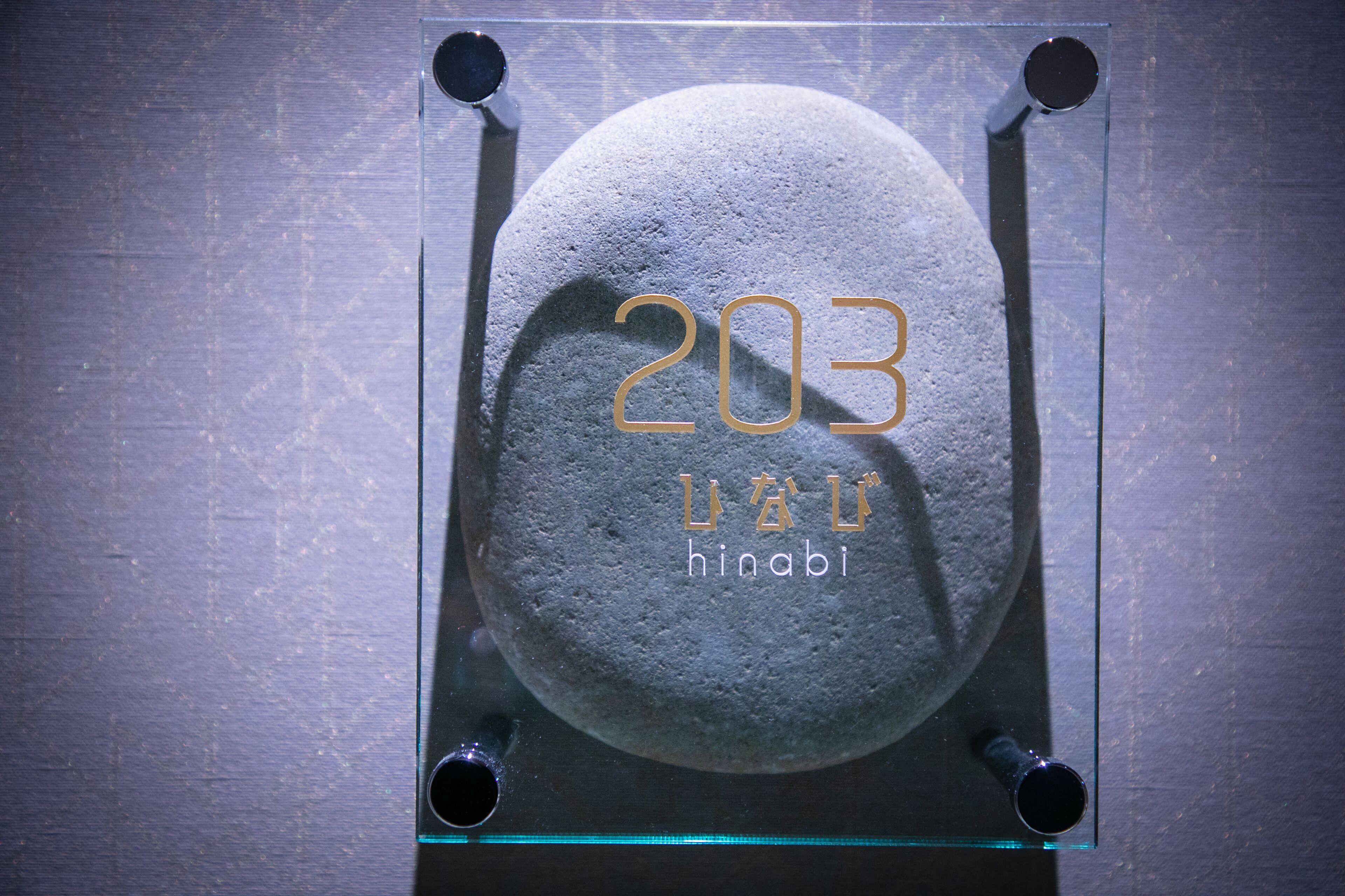 A stone with the number 203 and the word "hinabi" engraved on it, displayed in a clear case.