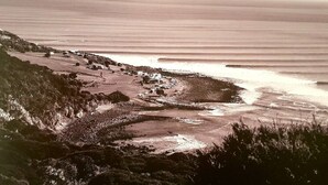 A coastal landscape with a beach, rocky terrain, and sparse vegetation.