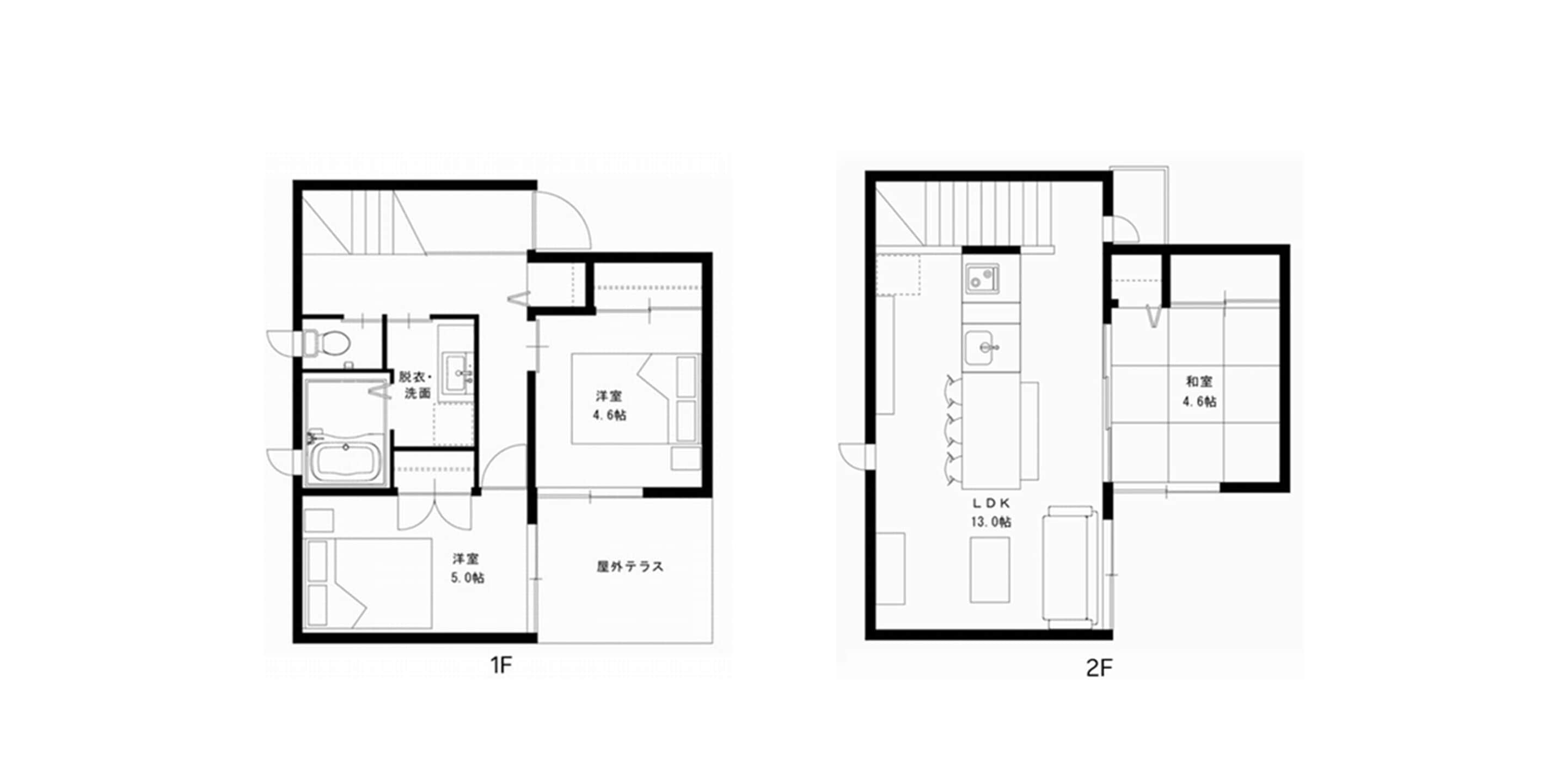 Floor plans of a hotel room with a bathroom, a living area, and a bedroom.