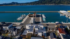 Une vue aérienne d’une ville côtière avec un port de plaisance, des maisons et une vue dégagée sur la mer.
