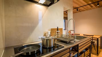 Fridge, microwave, stovetop, electric kettle