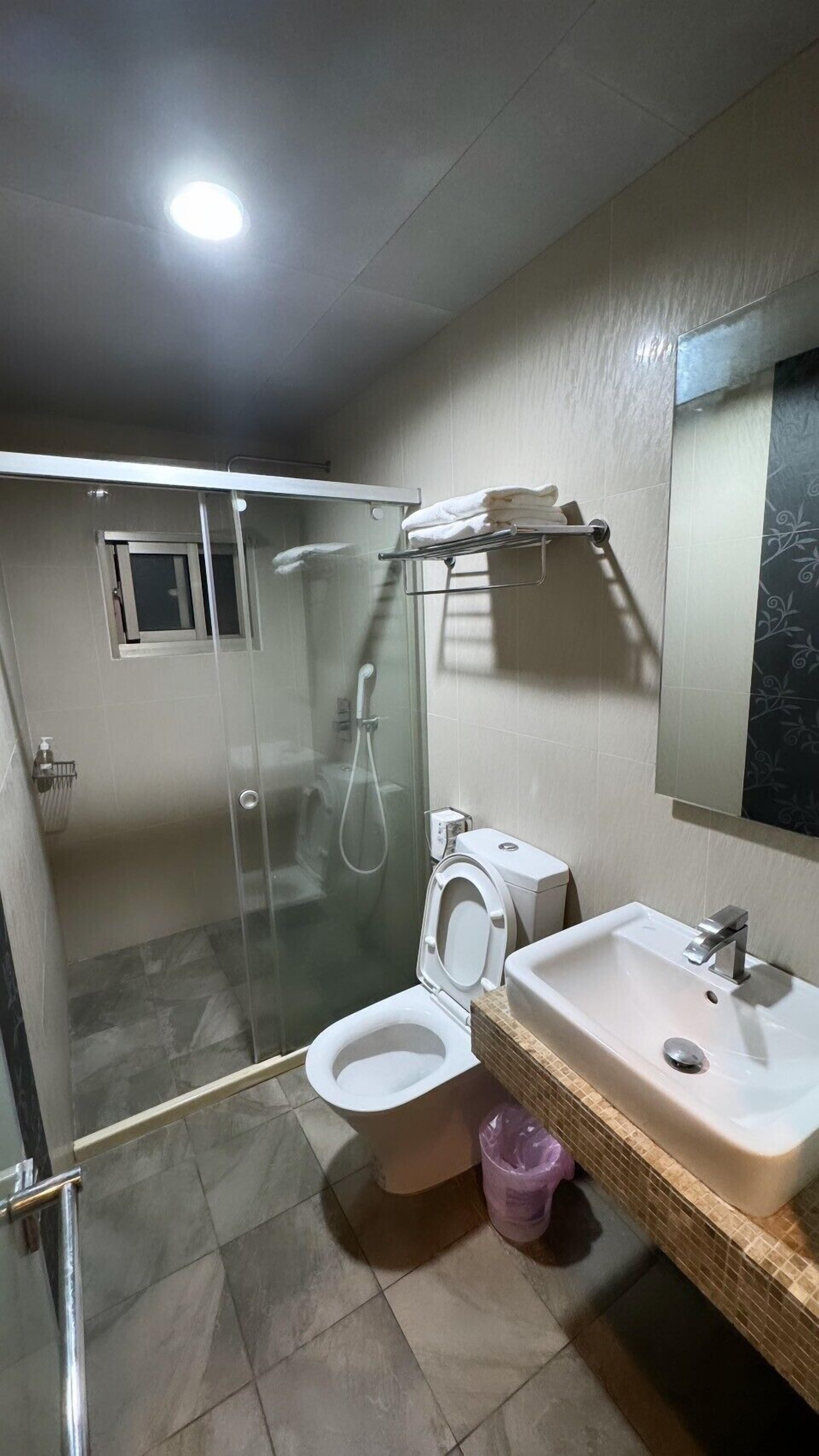 A bathroom with a glass-enclosed shower, a toilet, and a sink with a mirror above it.