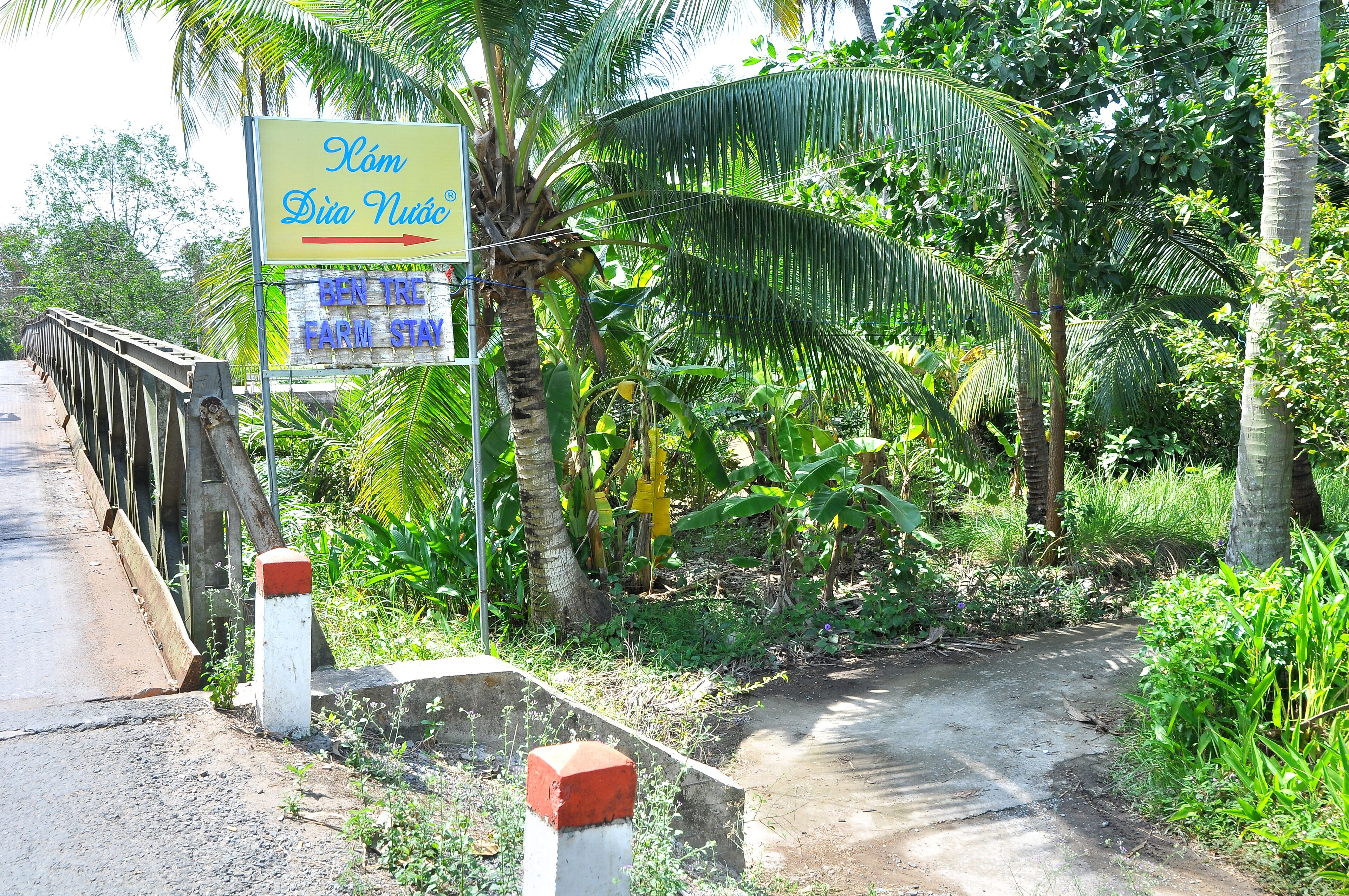 A rural road with a sign indicating a farm stay.