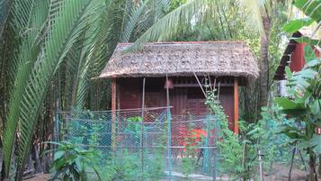 A rustic thatched-roof structure surrounded by dense tropical foliage, with a metal fence in the foreground.