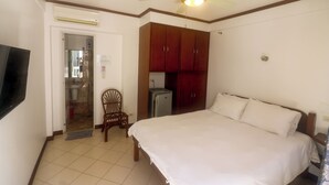 Un dormitorio con cama, ventilador de techo, televisor, armario y pequeña cocina.