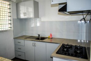 Apartamento familiar, 2 habitaciones, cocina, vistas a la ciudad | Cocina privada | Frigorífico, placa de cocina, cafetera o tetera y hervidor eléctrico