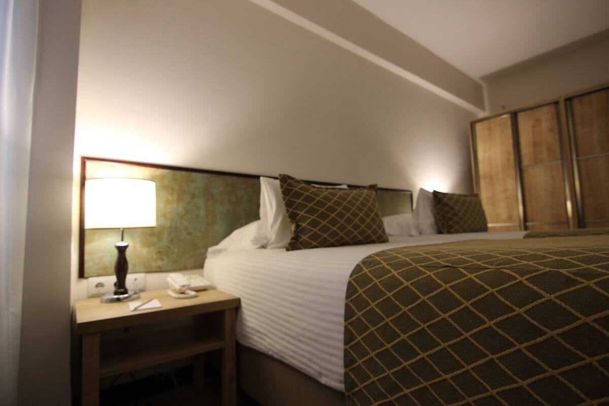 A hotel room with a bed, a bedside table with a lamp, a telephone, and a wardrobe.