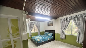 Ein Schlafzimmer mit einem Bett, einem Ventilator, einem Fenster mit Vorhängen und einer grünen Wand.